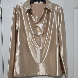 Satin Drape Neck Long-Sleeve Blouse - Champagne